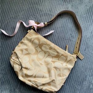 Coach Beige Shoulder Bag with Pink Ribbon
